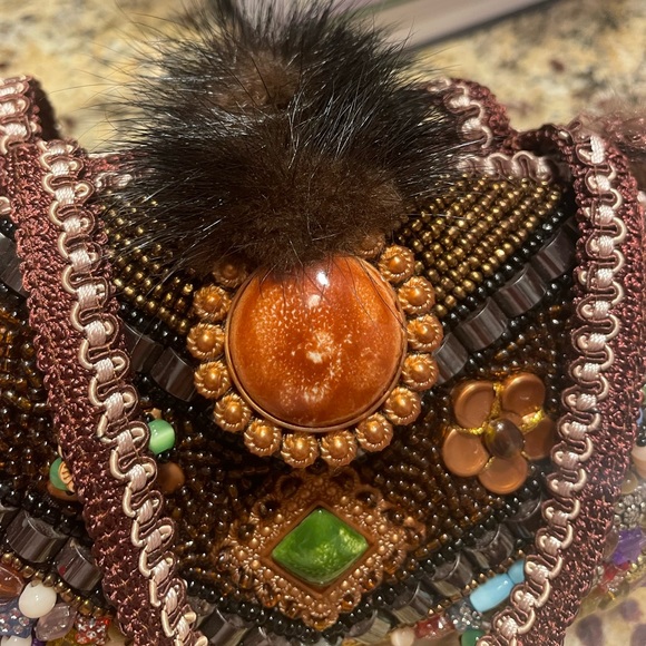 Boho Gypsy style beaded small purse with mink Pom Pom’s - Picture 5 of 9